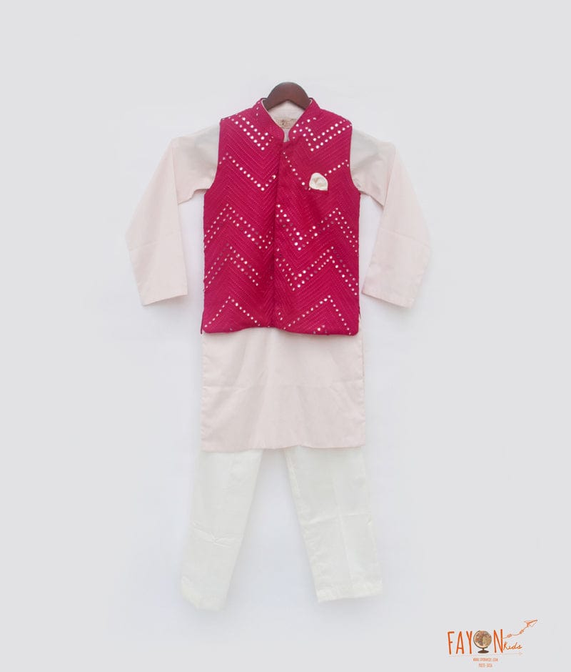 Fayon Kids Hot Pink Mirror Work Jacket with Pink Kurta Pant for Boys