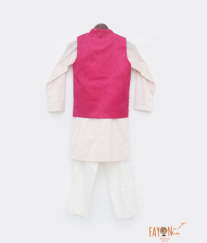 Fayon Kids Hot Pink Mirror Work Jacket with Pink Kurta Pant for Boys