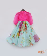 Hot Pink Organza Blue Organza Printed Lehenga with Choli for Girls