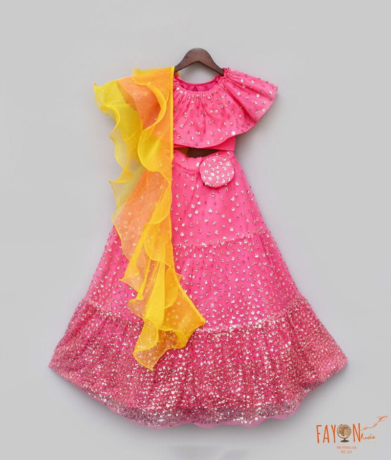 Hot Pink Sequins Lehenga with Top Organza Dupatta for Girls