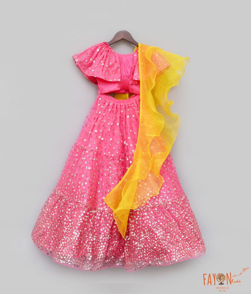 Hot Pink Sequins Lehenga with Top Organza Dupatta for Girls