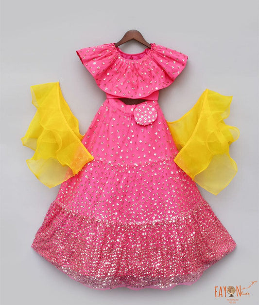 Fayon Kids Hot Pink Sequins Lehenga with Top Organza Dupatta for Girls