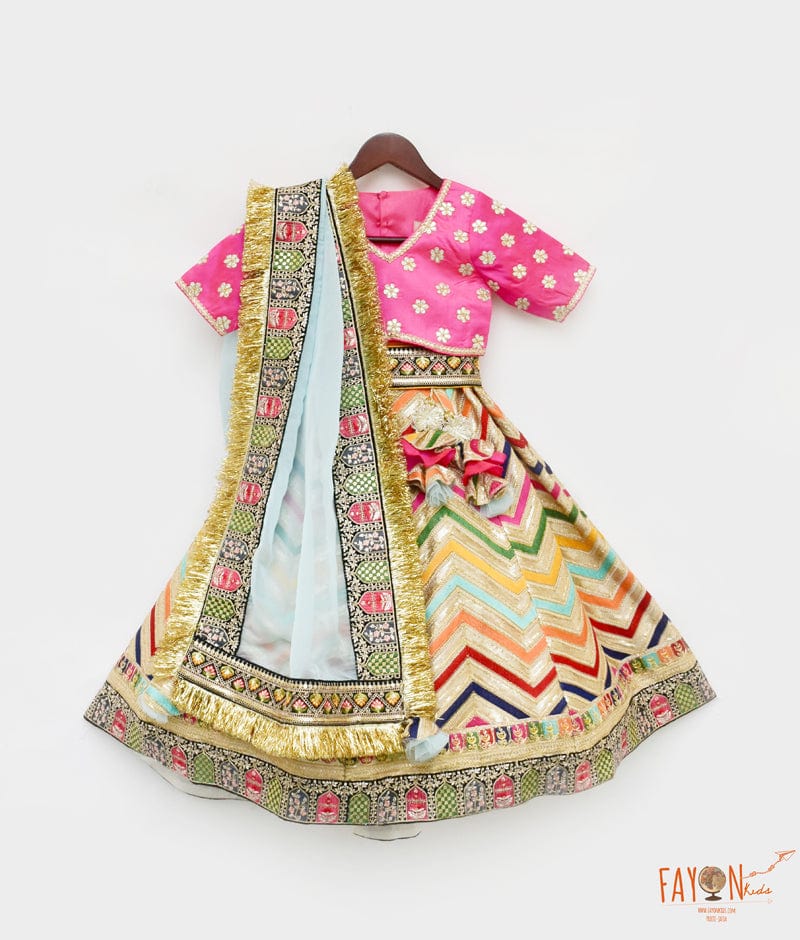 Hot Pink Silk Embroidery Lehenga with Choli Organza Dupatta for Girls