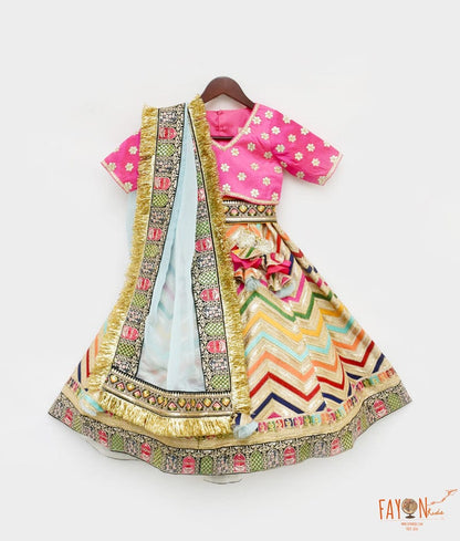 Hot Pink Silk Embroidery Lehenga with Choli Organza Dupatta for Girls