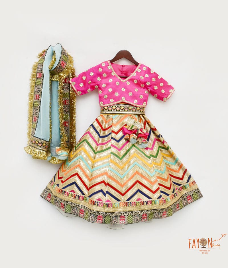 Hot Pink Silk Embroidery Lehenga with Choli Organza Dupatta for Girls