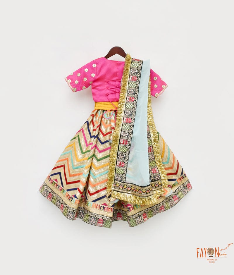 Hot Pink Silk Embroidery Lehenga with Choli Organza Dupatta for Girls