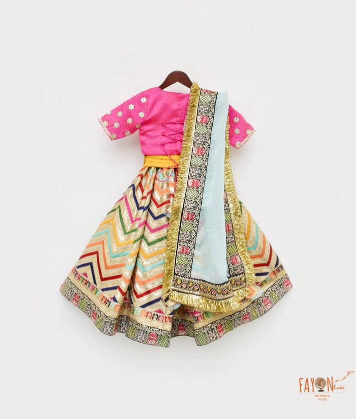 Hot Pink Silk Embroidery Lehenga with Choli Organza Dupatta for Girls