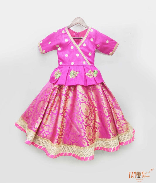 Hot Pink Silk Hot Pink Brocade Lehenga with Peplum for Girls