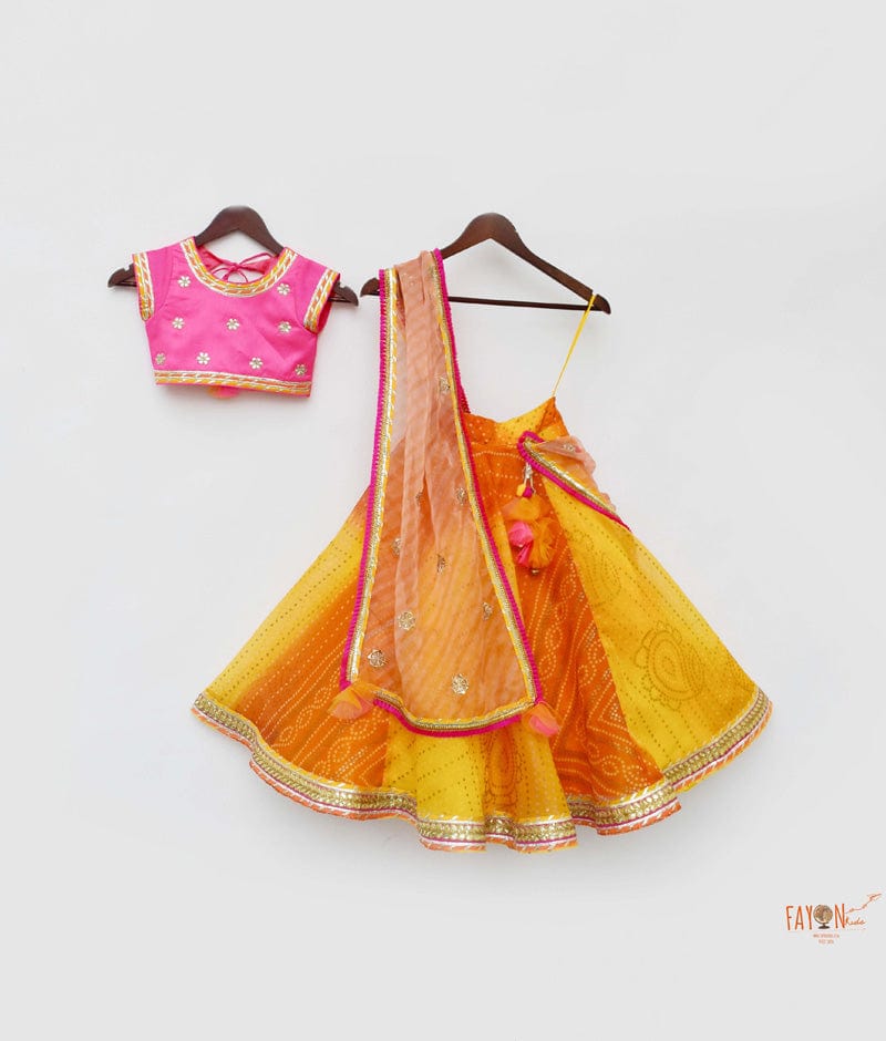 Fayon Kids Hot Pink Silk Yellow Organza Lehenga with Choli Organza Dupatta for Girls