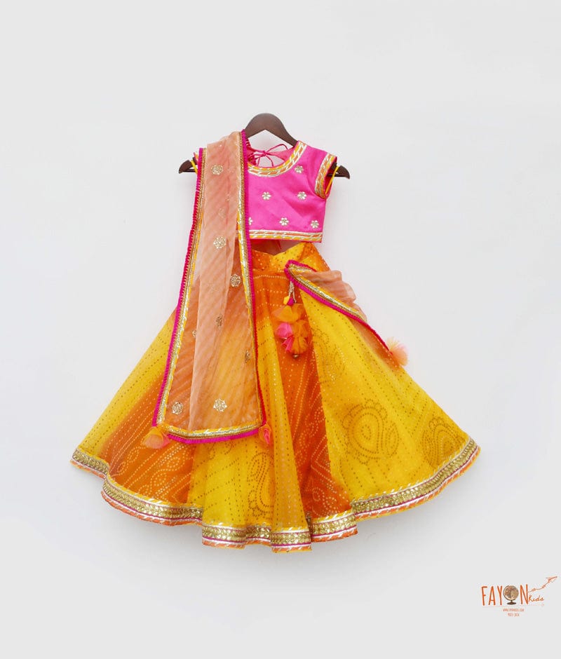 Fayon Kids Hot Pink Silk Yellow Organza Lehenga with Choli Organza Dupatta for Girls