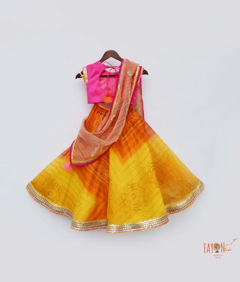 Fayon Kids Hot Pink Silk Yellow Organza Lehenga with Choli Organza Dupatta for Girls