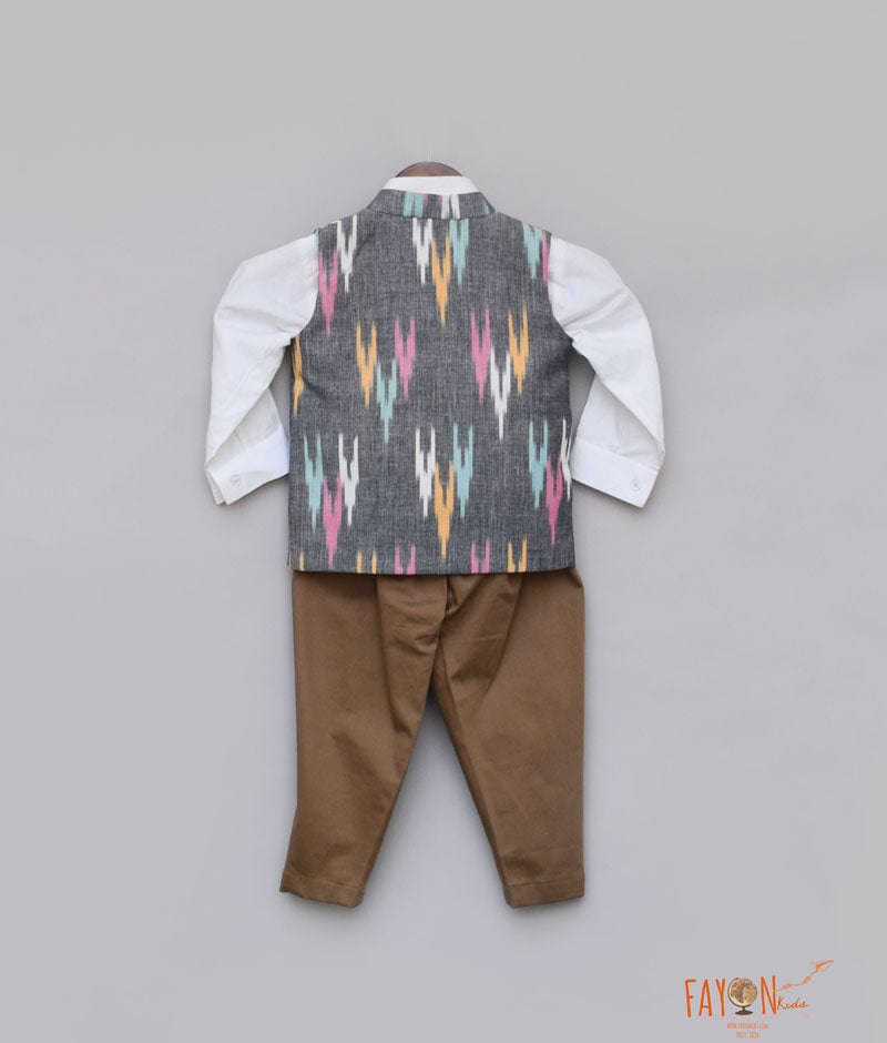 Ikat Print Nehru Jacket with Shirt Brown Pant for Boys