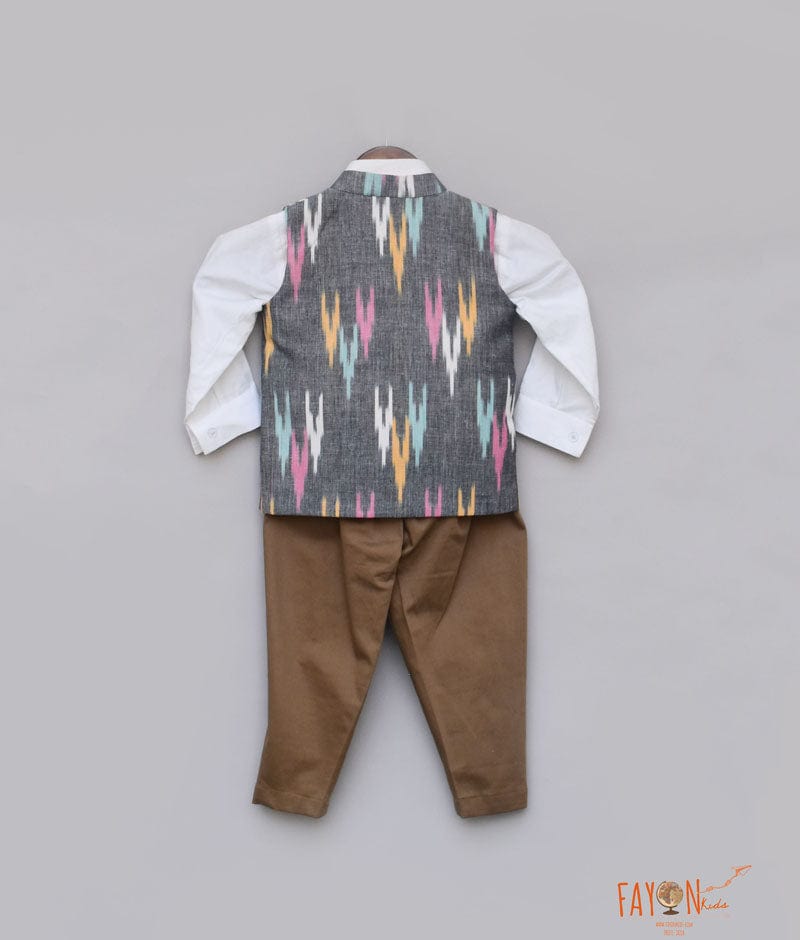 Fayon Kids Ikat Print Nehru Jacket with Shirt Brown Pant for Boys