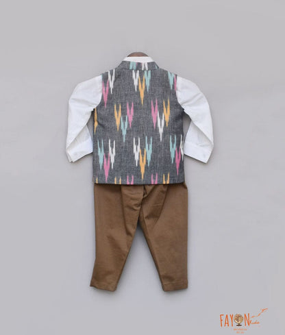 Ikat Print Nehru Jacket with Shirt Brown Pant for Boys