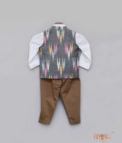 Fayon Kids Ikat Print Nehru Jacket with Shirt Brown Pant for Boys