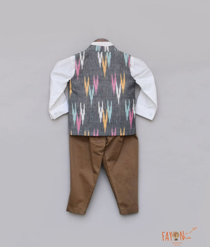Ikat Print Nehru Jacket with Shirt Brown Pant for Boys