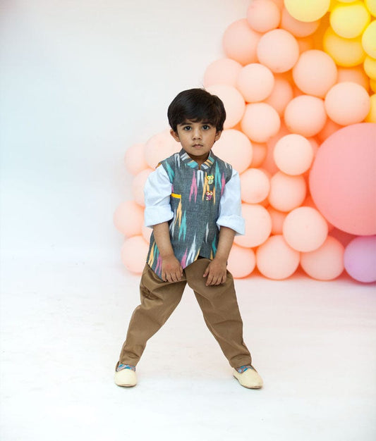 Ikat Print Nehru Jacket with Shirt Brown Pant for Boys