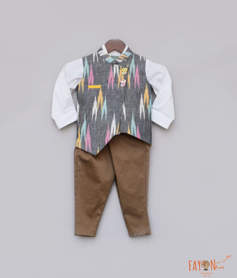 Fayon Kids Ikat Print Nehru Jacket with Shirt Brown Pant for Boys