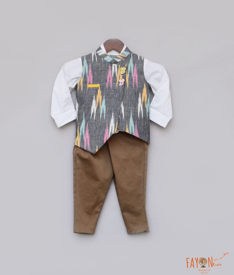 Ikat Print Nehru Jacket with Shirt Brown Pant for Boys