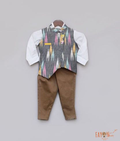 Ikat Print Nehru Jacket with Shirt Brown Pant for Boys