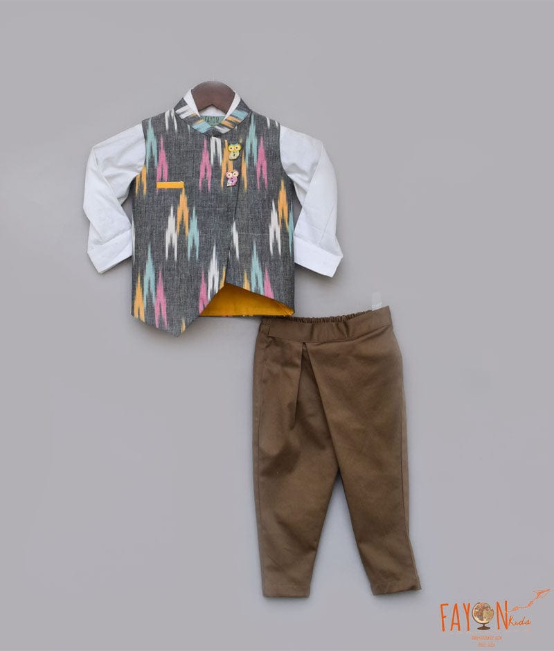 Ikat Print Nehru Jacket with Shirt Brown Pant for Boys