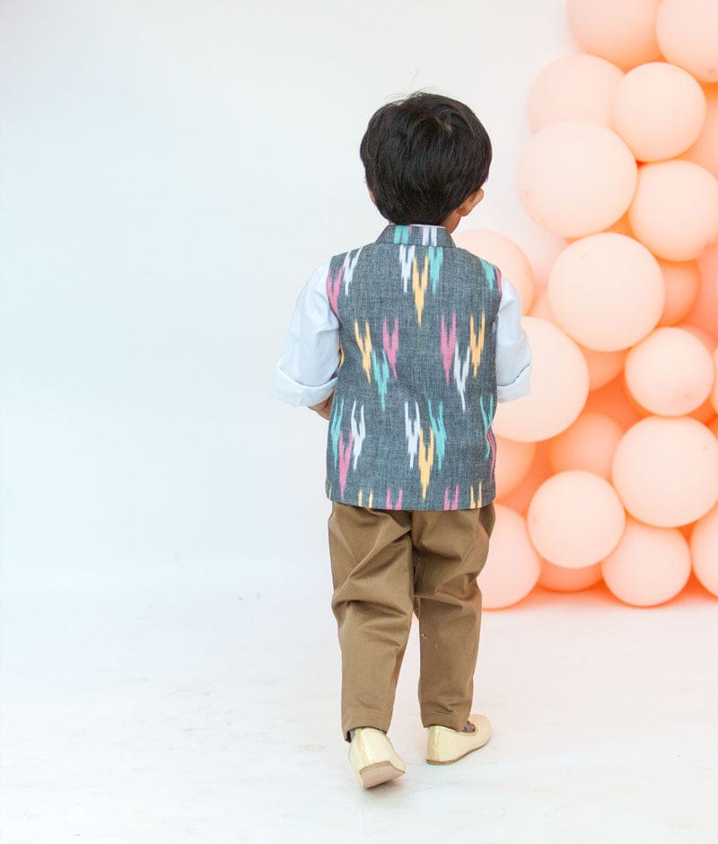 Ikat Print Nehru Jacket with Shirt Brown Pant for Boys