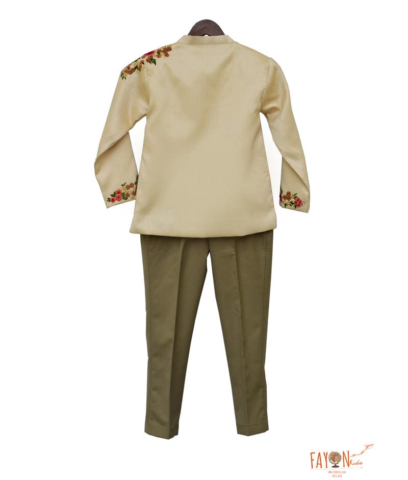 Fayon Kids Ivory Embroidery Bandgala with Beige Pant for Boys