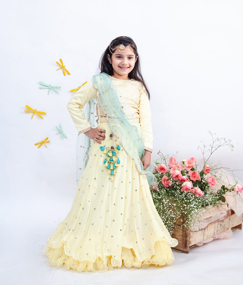 Fayon Kids Lemon Yellow Sequin Booti Lehenga with Embroidery Choli Boti Net Dupatta for Girls
