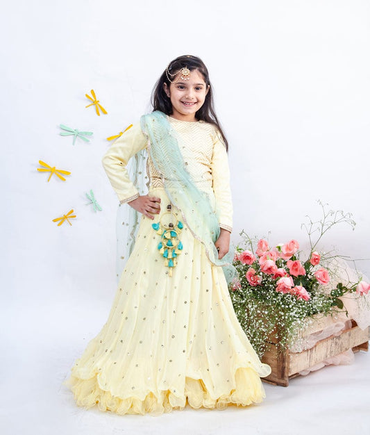 Lemon Yellow Sequin Booti Lehenga with Embroidery Choli Boti Net Dupatta for Girls
