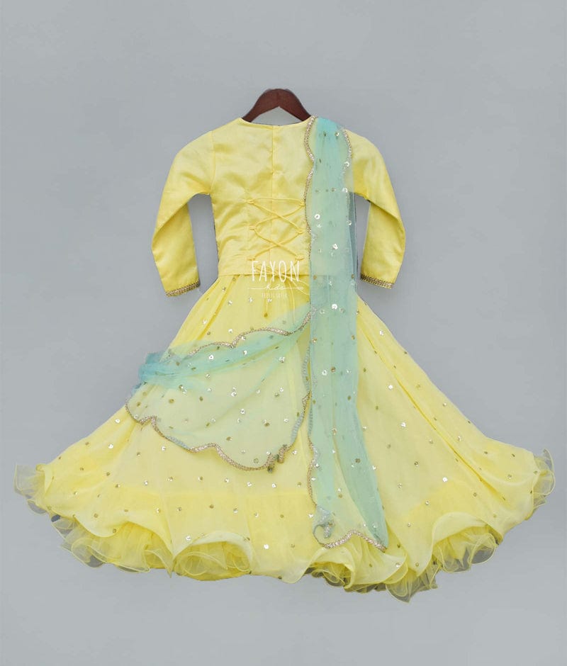 Fayon Kids Lemon Yellow Sequin Booti Lehenga with Embroidery Choli Boti Net Dupatta for Girls