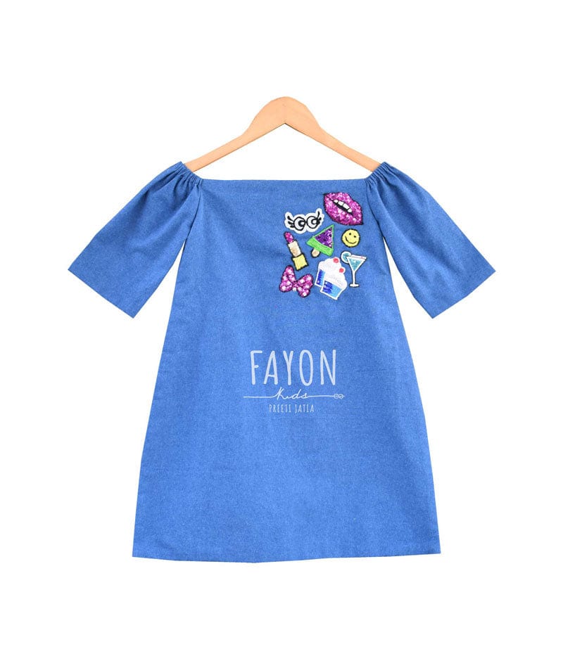 Fayon Kids Light Blue Demin Dress with Funky Embroidery for Girls