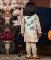 Light Fawn Kurta with Blue Floral Print Jacket Pant for Boys