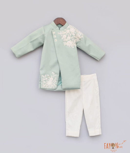 Fayon Kids Light Green Embroidery Ajkan with Pant for Boys