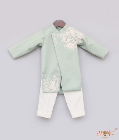 Fayon Kids Light Green Embroidery Ajkan with Pant for Boys