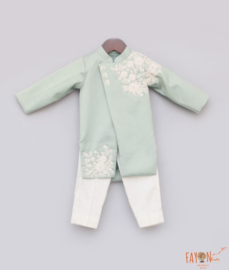 Fayon Kids Light Green Embroidery Ajkan with Pant for Boys