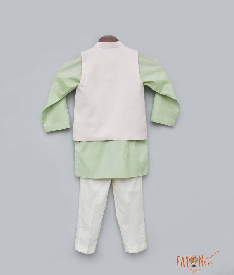 Light Peach Nehru Jacket with Pista Green Kurta Pant for Boys