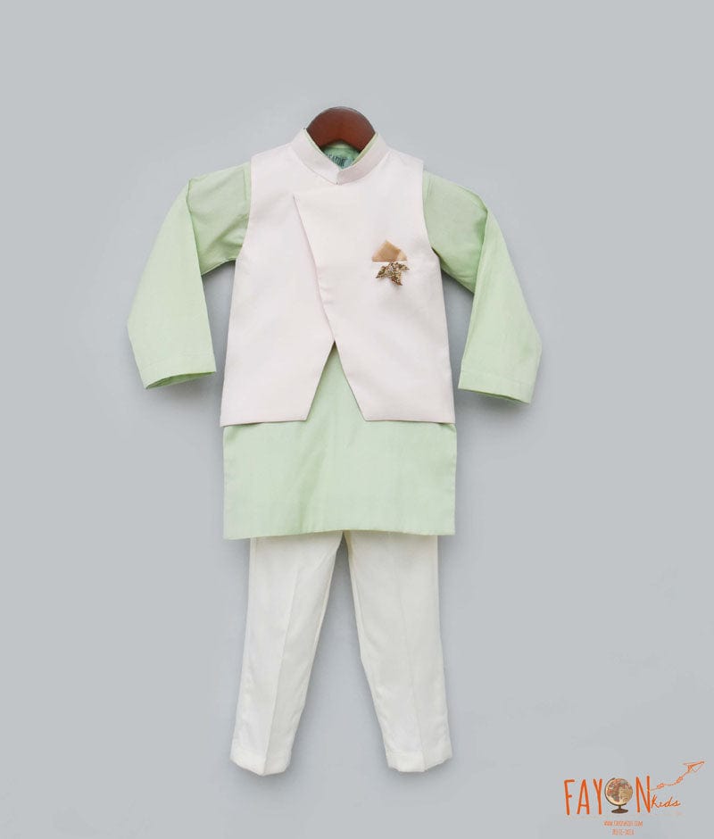 Fayon Kids Light Peach Nehru Jacket with Pista Green Kurta Pant for Boys