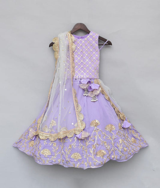 Light Purple Embroidery Light Purple Gota Embroidery Lehenga with Choli Boti Net Dupatta for Girls