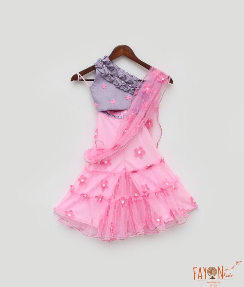 Fayon Kids Lilac Choli and Pink Flower Net Sharara for Girls