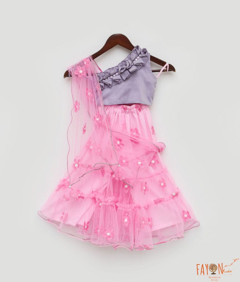 Fayon Kids Lilac Choli and Pink Flower Net Sharara for Girls