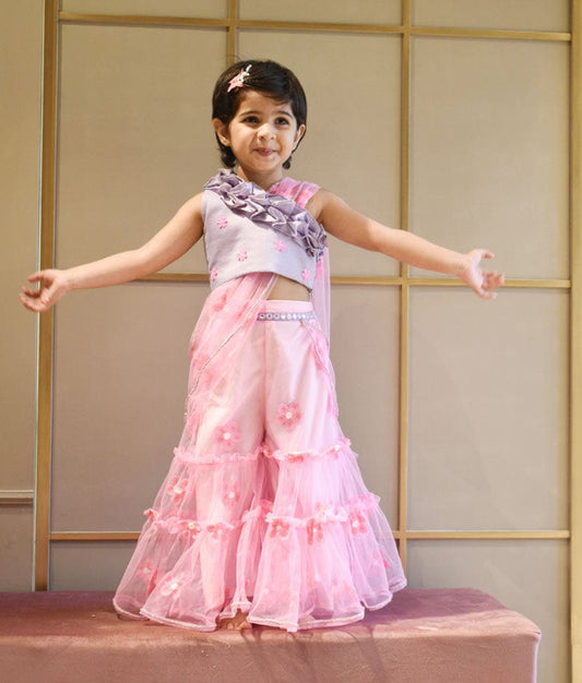 Fayon Kids Lilac Choli and Pink Flower Net Sharara for Girls
