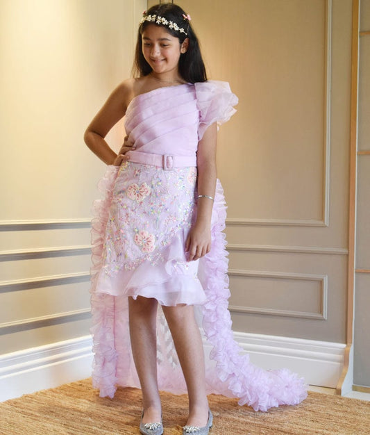 Fayon Kids Lilac Embroidery Dress and Organza Trail for Girls