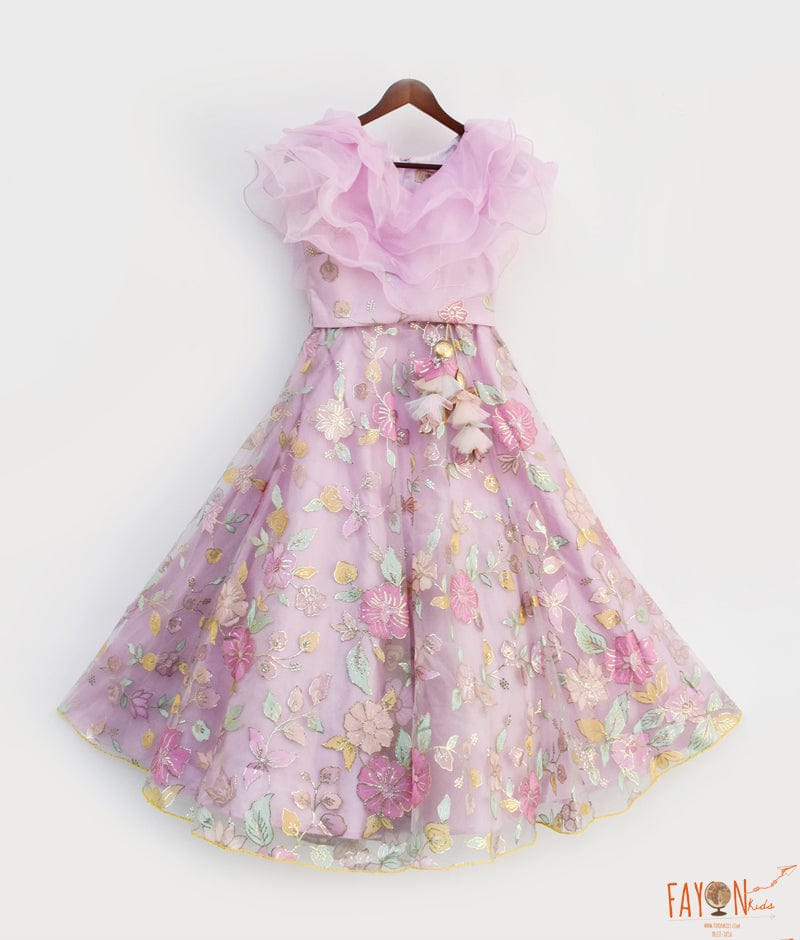 Lilac Embroidery Lehenga Organza Frill Top for Girls
