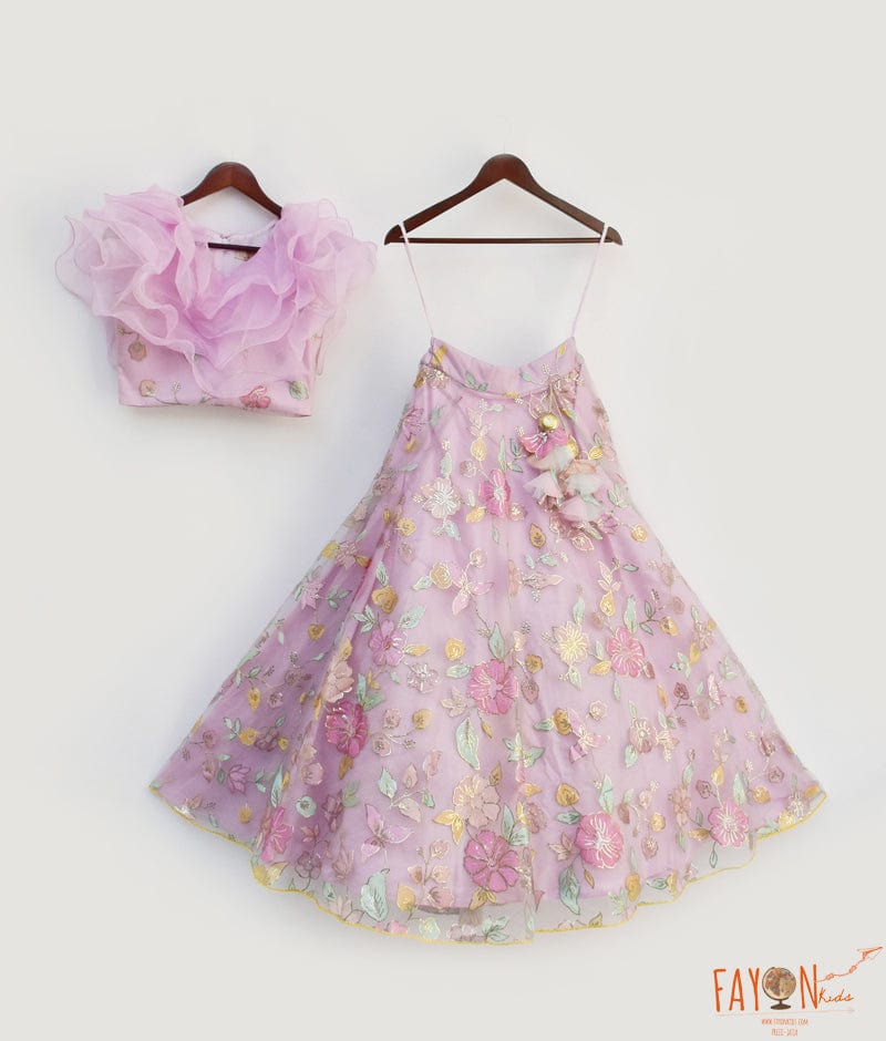 Lilac Embroidery Lehenga Organza Frill Top for Girls