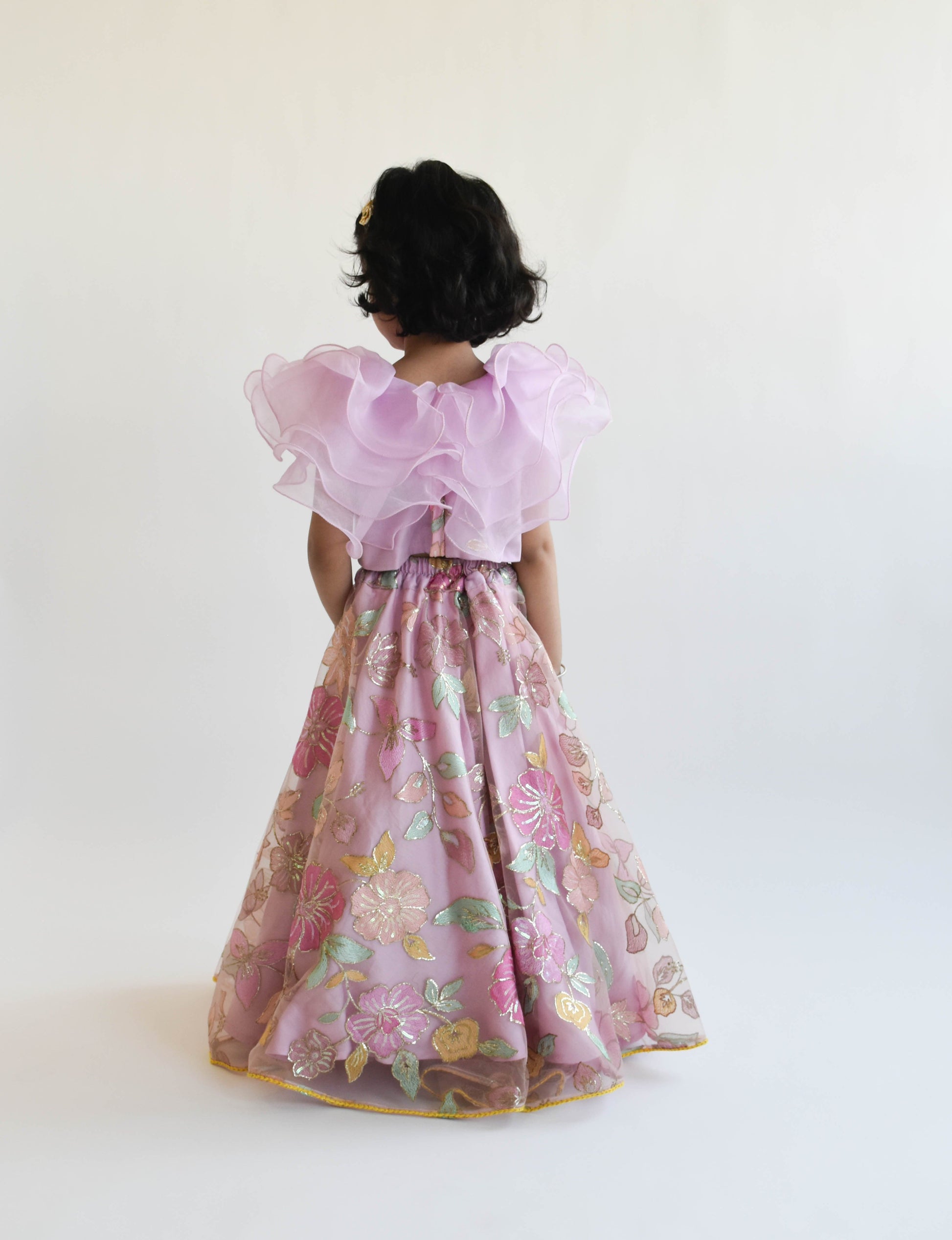 Lilac Embroidery Lehenga Organza Frill Top for Girls