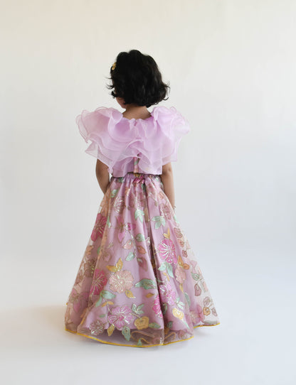Lilac Embroidery Lehenga Organza Frill Top for Girls