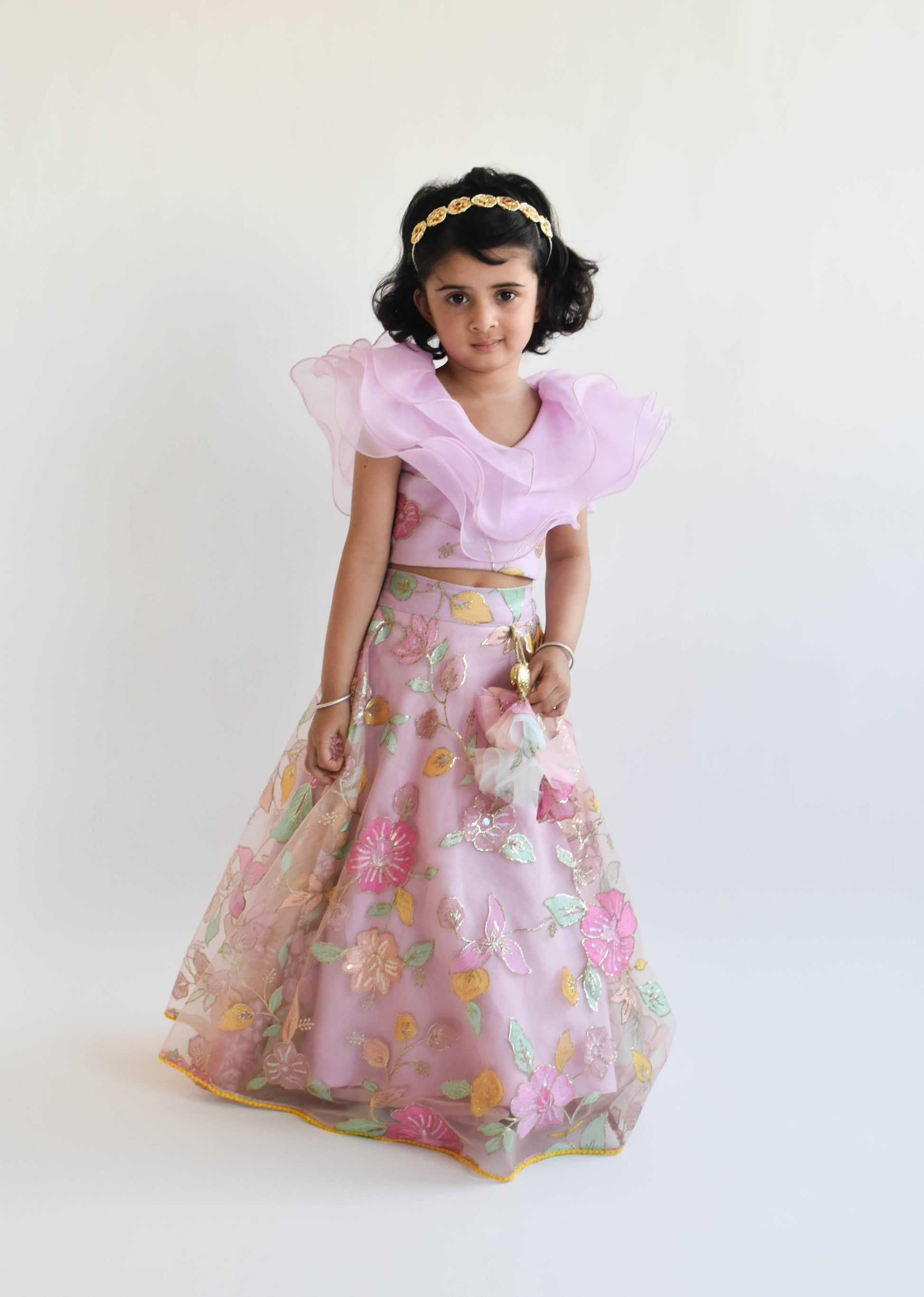 Lilac Embroidery Lehenga Organza Frill Top for Girls