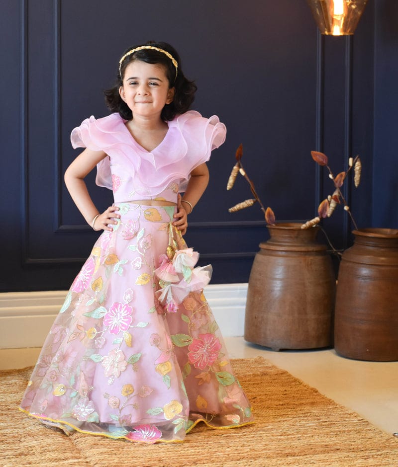 Lilac Embroidery Lehenga Organza Frill Top for Girls