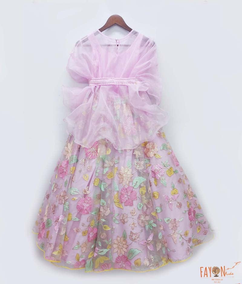 Lilac Embroidery Lehenga with Organza Cape for Girls
