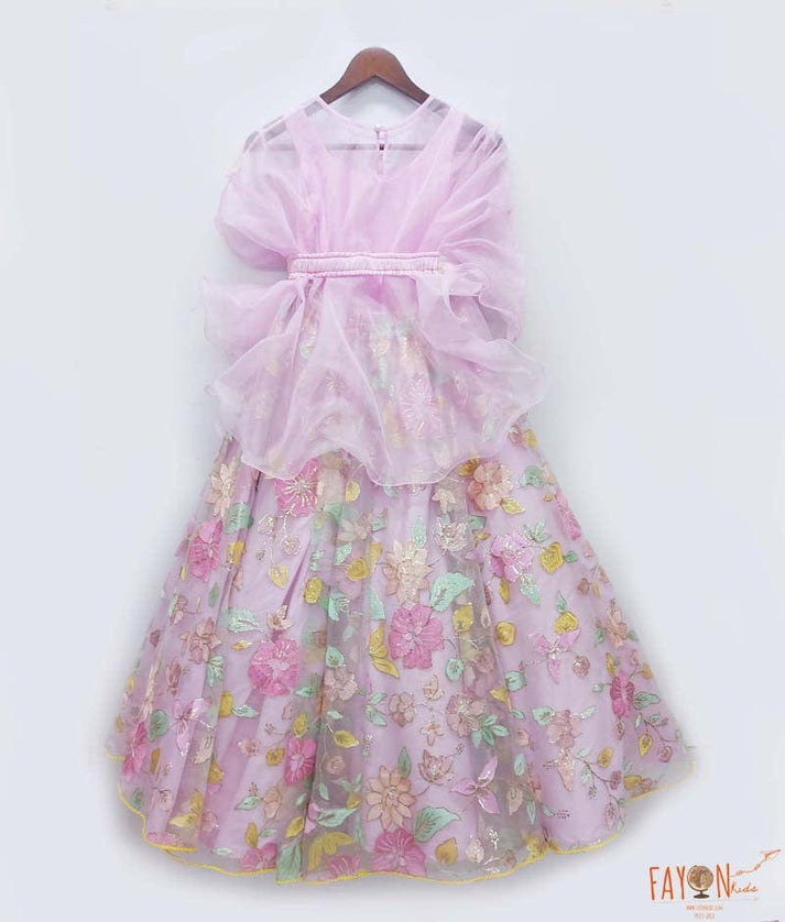 Lilac Embroidery Lehenga with Organza Cape for Girls